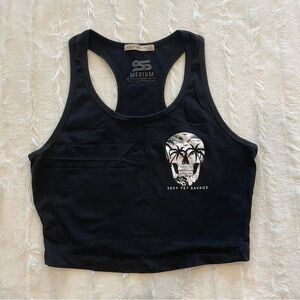 Sexy Yet Savage by Combat Iron sz M skull with palm trees racerback crop tank